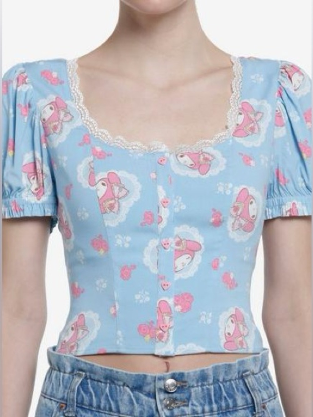 Sanrio My Melody Lace Peasant Top Hot Topic Blue Puff Sleeve Blouse Size Large